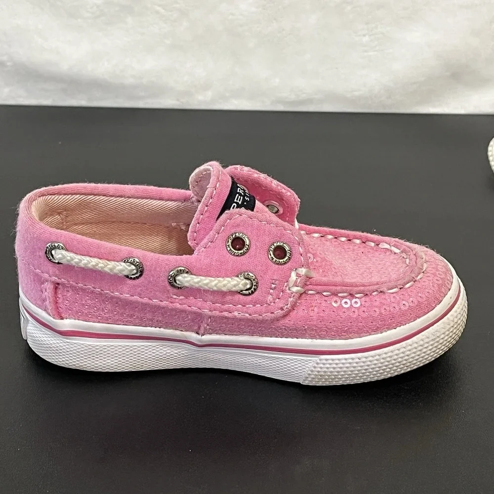 Sperry Topsider Size 6M Girls Boat Shoes Bahama Pink Sequin Toddler Slip On Tie